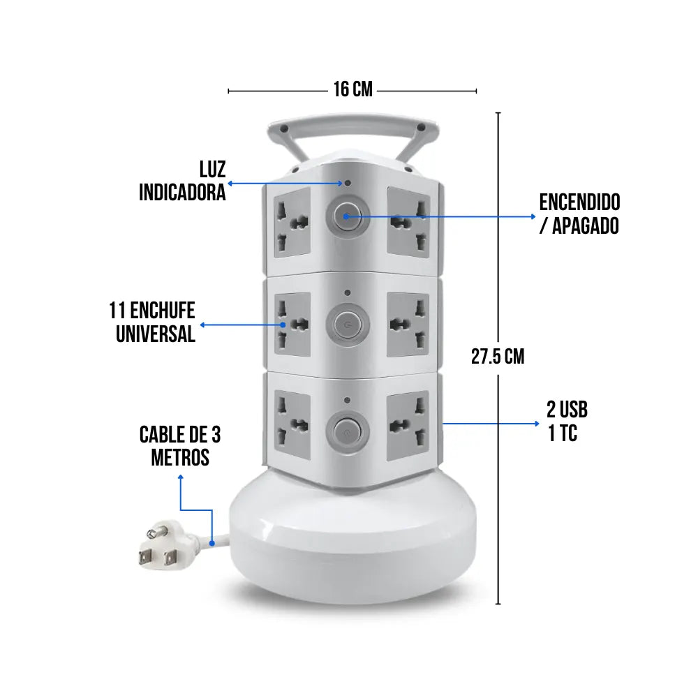 Torre Multitoma 11 Salidas 110V con 2 USB y 1 Tipo C