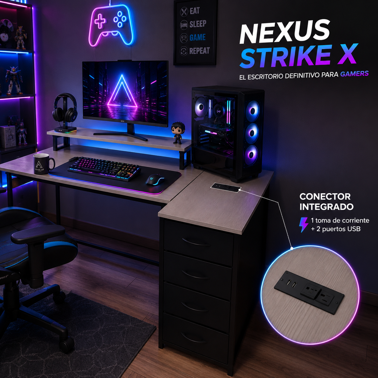 Escritorio Gamer Nexus Strike X en L con Cajones