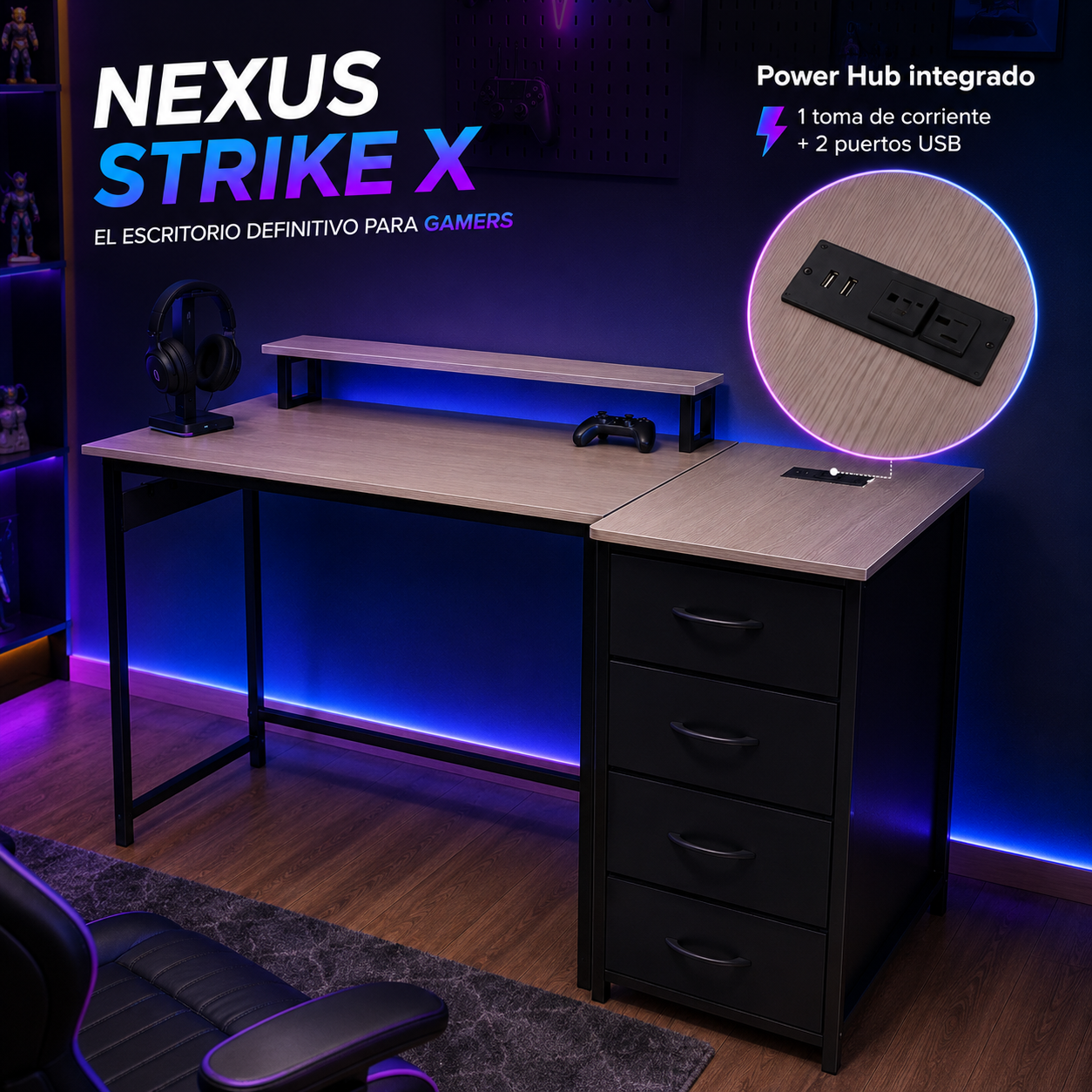 Escritorio Gamer Nexus Strike X en L con Cajones