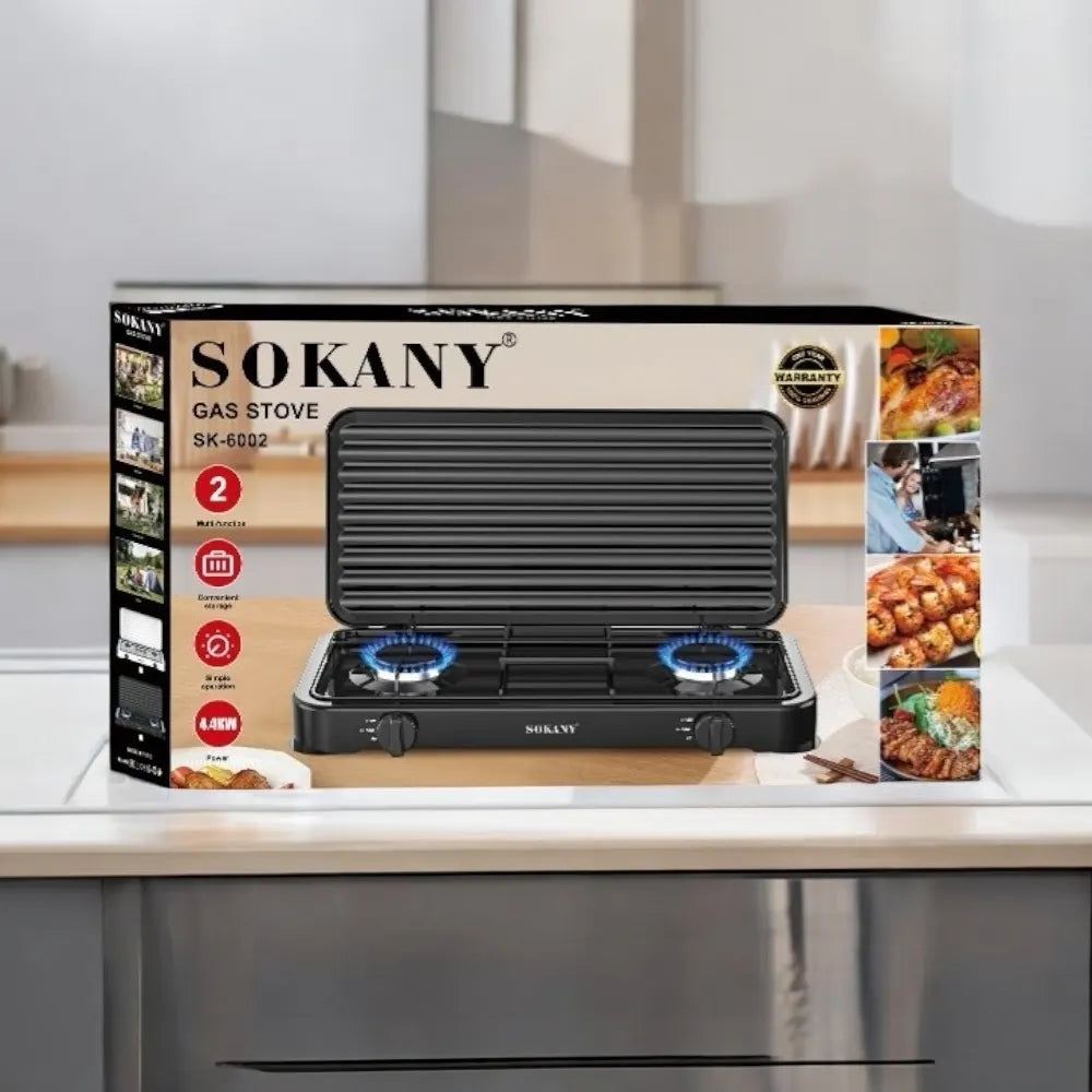 Cocina de Gas Portátil 2 Puestos sin Encendido con Tapa Negra Sokany